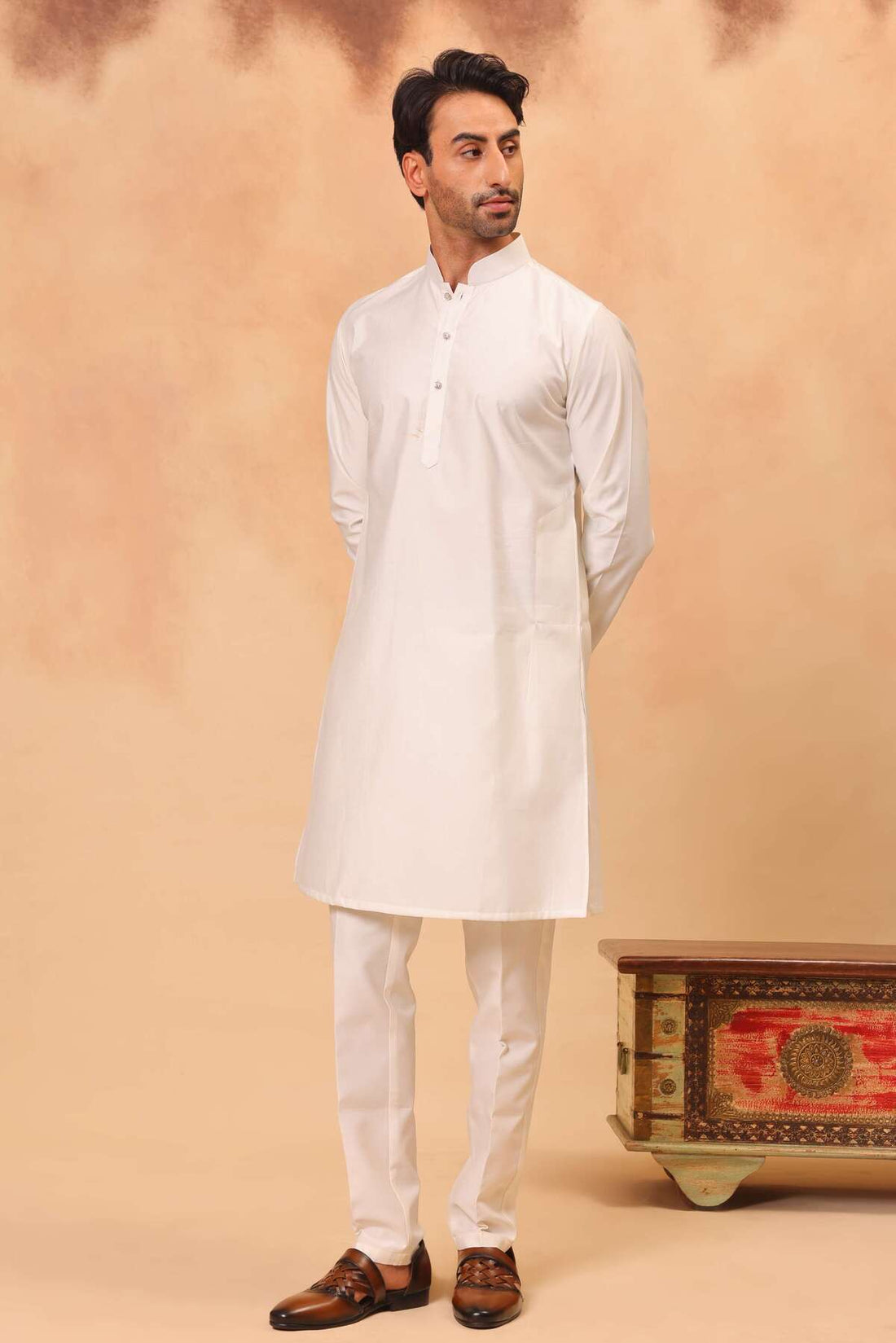 Cream Embroidered Koti Kurta Set for Men