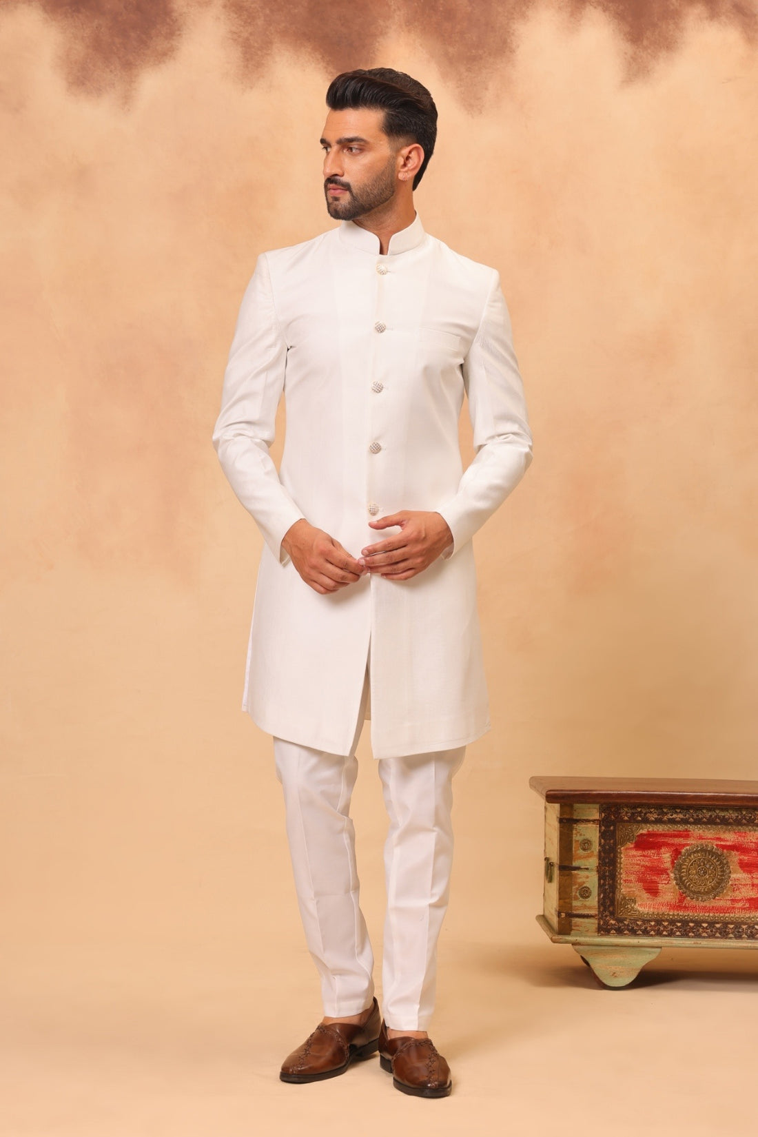 Cream Printed and Embroidered Front Open Long Jacket Set