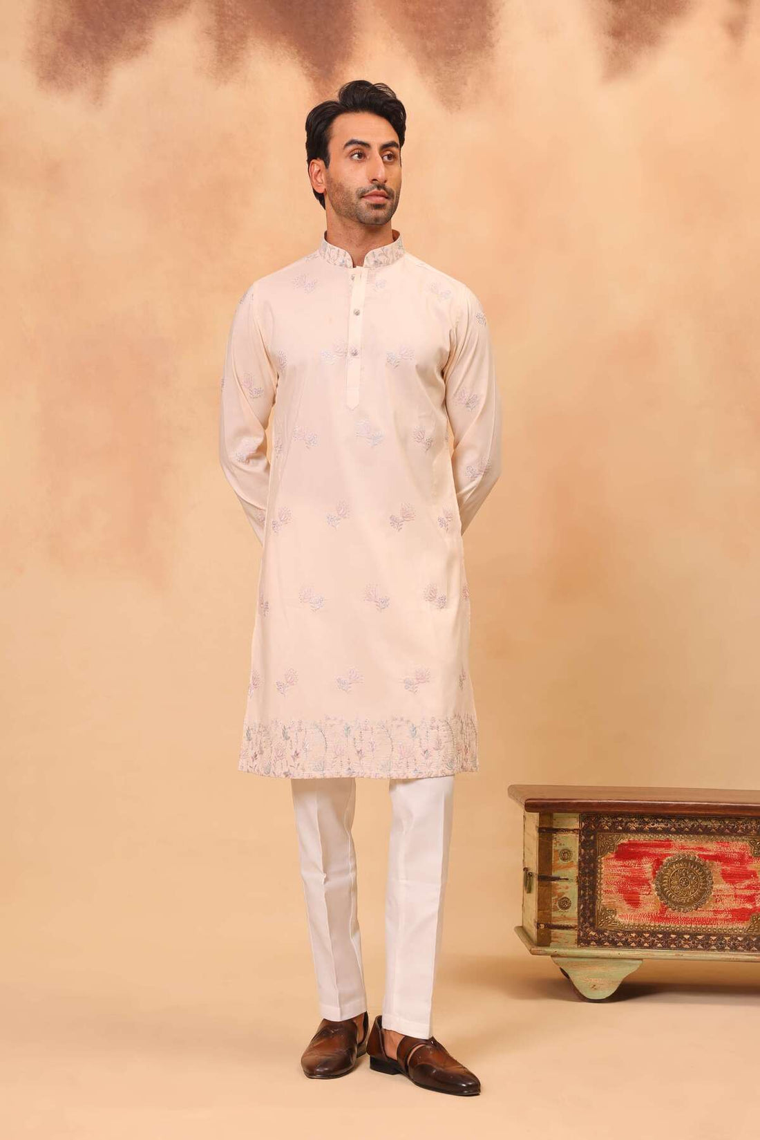 Peach Embroidered Koti Kurta Set for Men