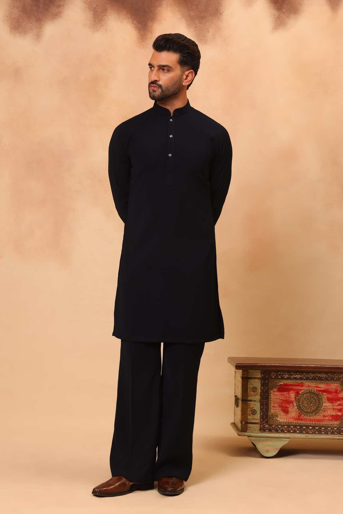 Navy Blue Embroidered Front Open Sherwani Jacket Set