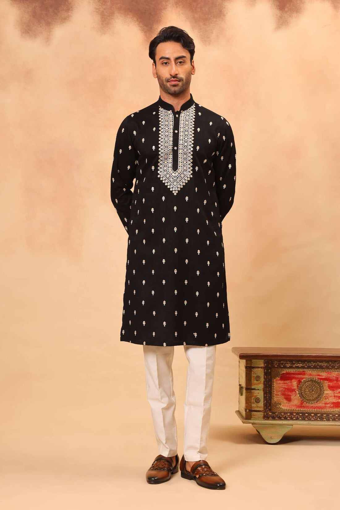 Black Embroidered Koti Kurta Set for Men