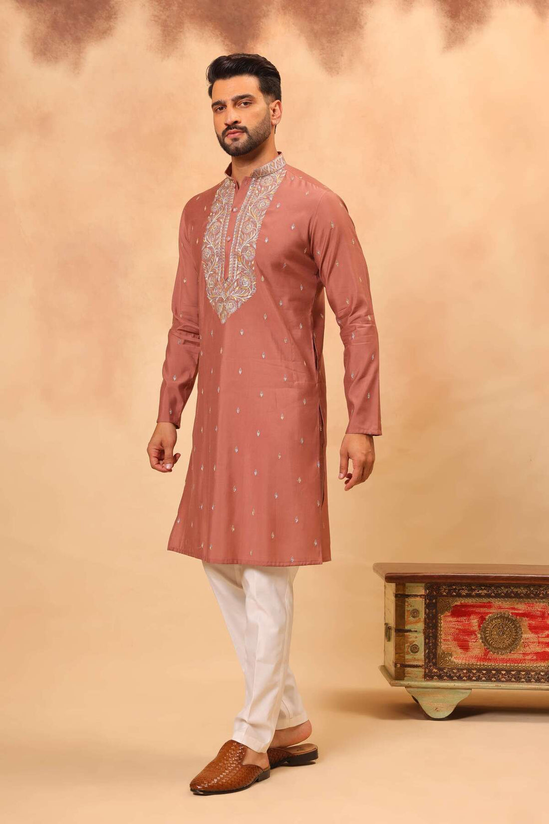 Rust Silk Embroidered Kurta Set with Dupatta for Men