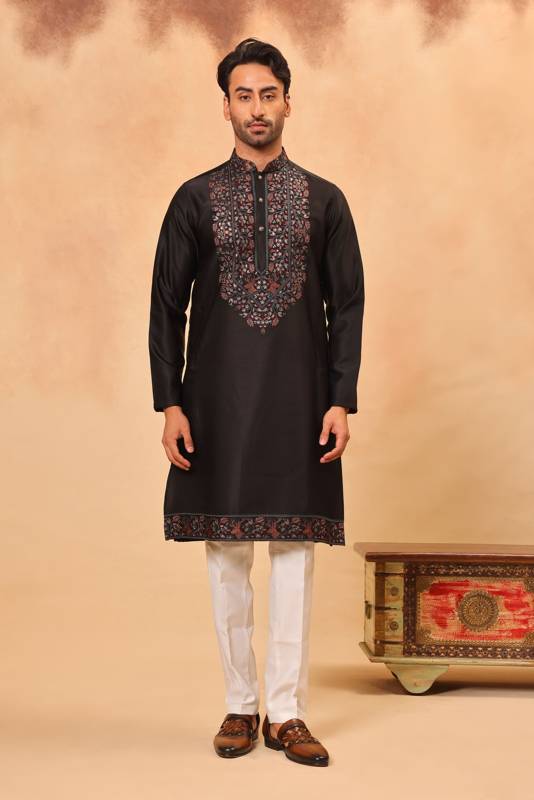 Black Silk Embroidered Kurta Set with Dupatta for Men