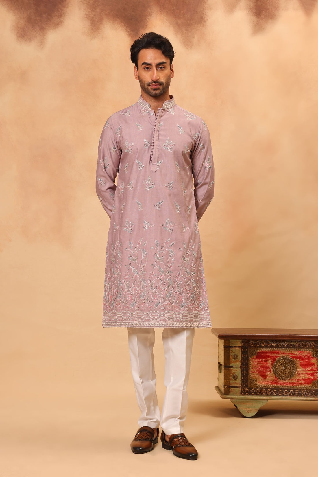 Mauve Georgette Embroidered Kurta Set for Men