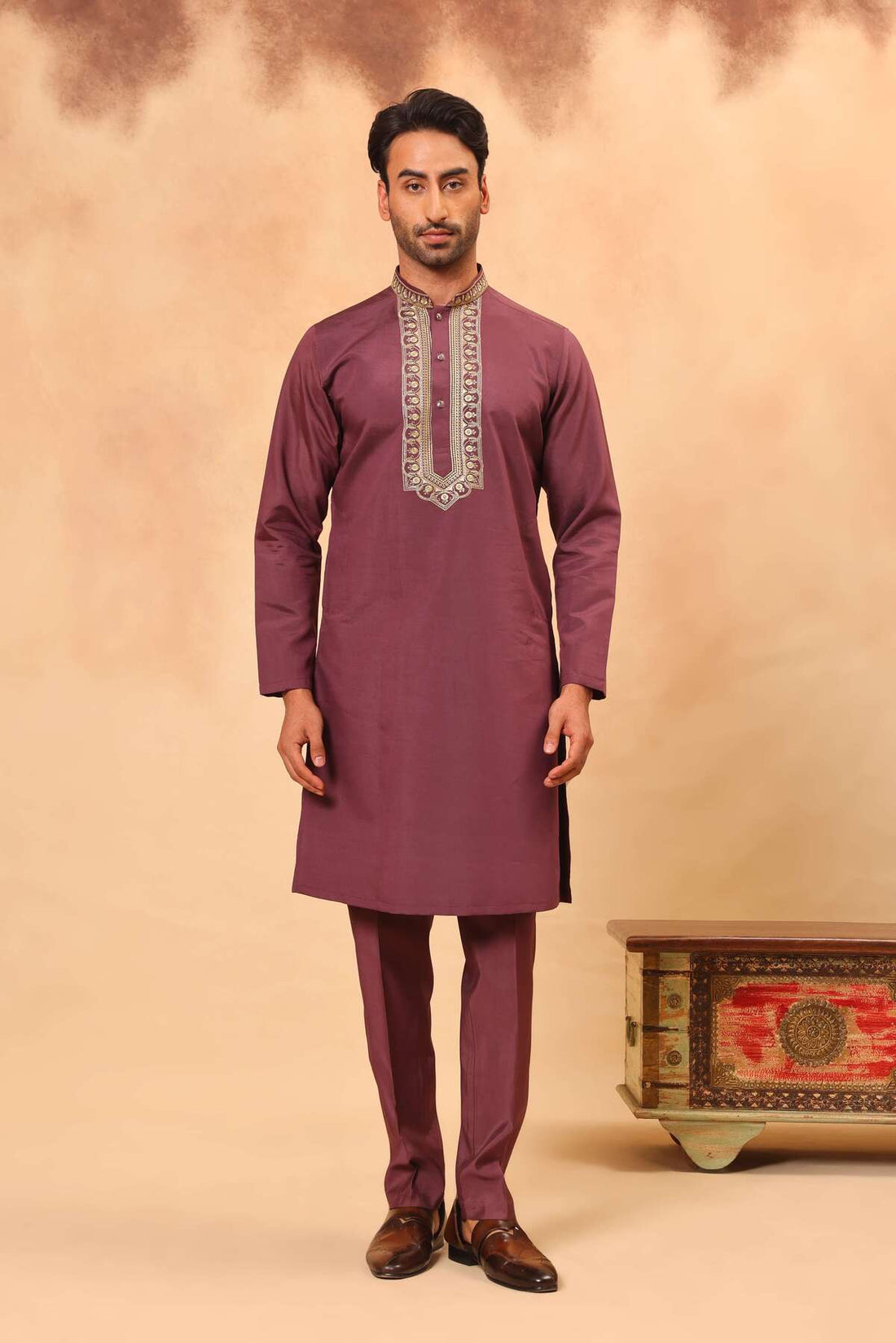 Mauve Zari Embroidered Koti Kurta Set for Men