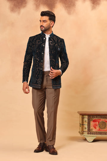 Rama Green Velvet Embroidered Jodhpuri Set with Formal Pants