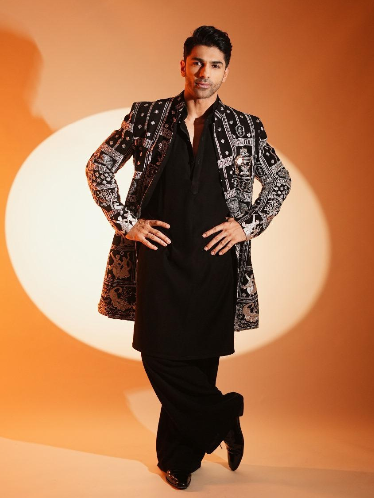 Taha Shah Badussha in Black Embroidered Sherwani Kurta Set