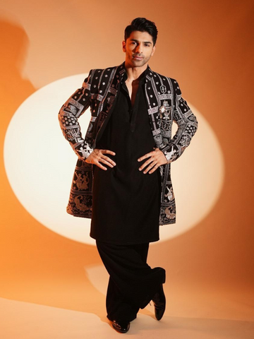 Taha Shah Badussha in Black Embroidered Sherwani Kurta Set