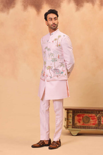 Peach Hand Embroidered Nehru Jacket Set
