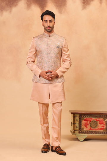 Peach Embroidered Nehru Jacket Set