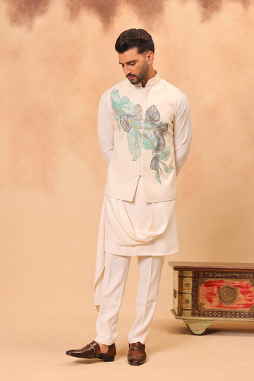 Cream Hand Painted/ Embroidered Nehru Jacket Set