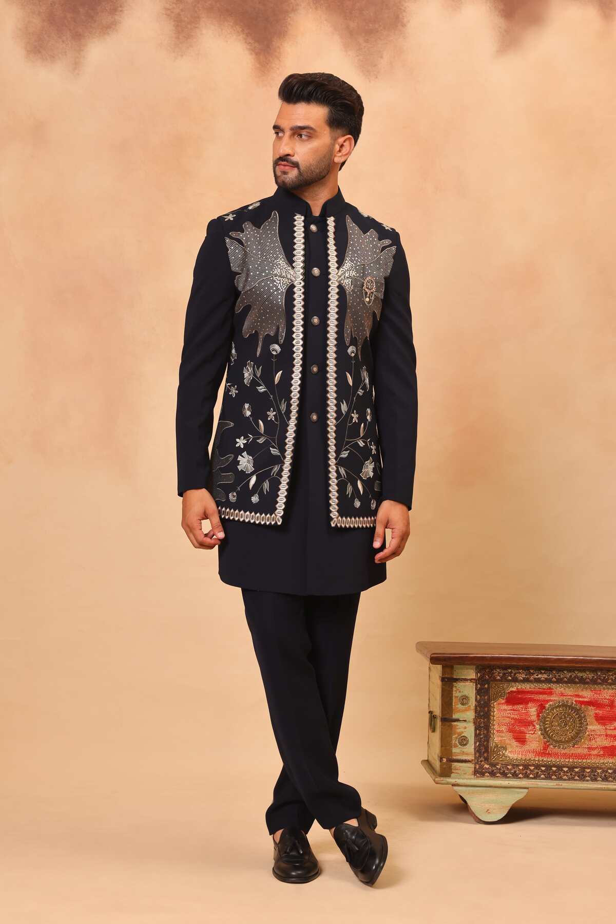 Navy Blue Embroidered Front Open Long Jacket Set – Laromani