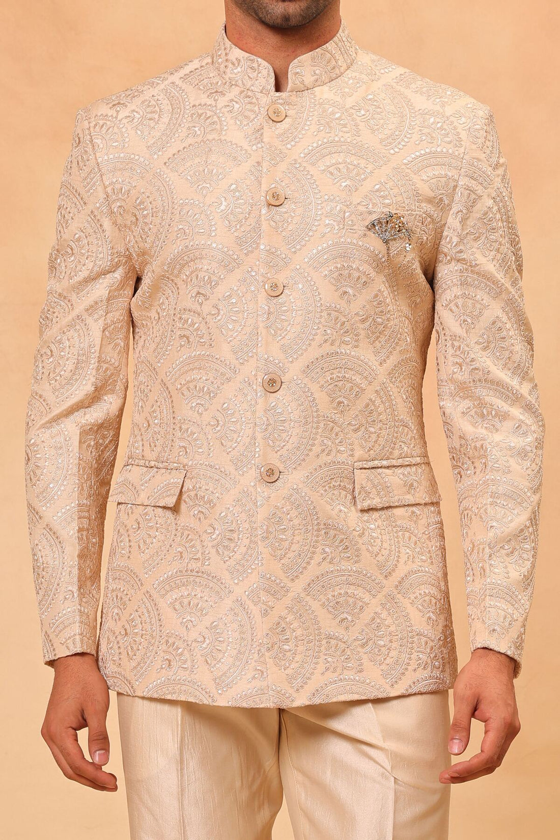 Fawn Embroidered Jodhpuri Set with Formal Pants