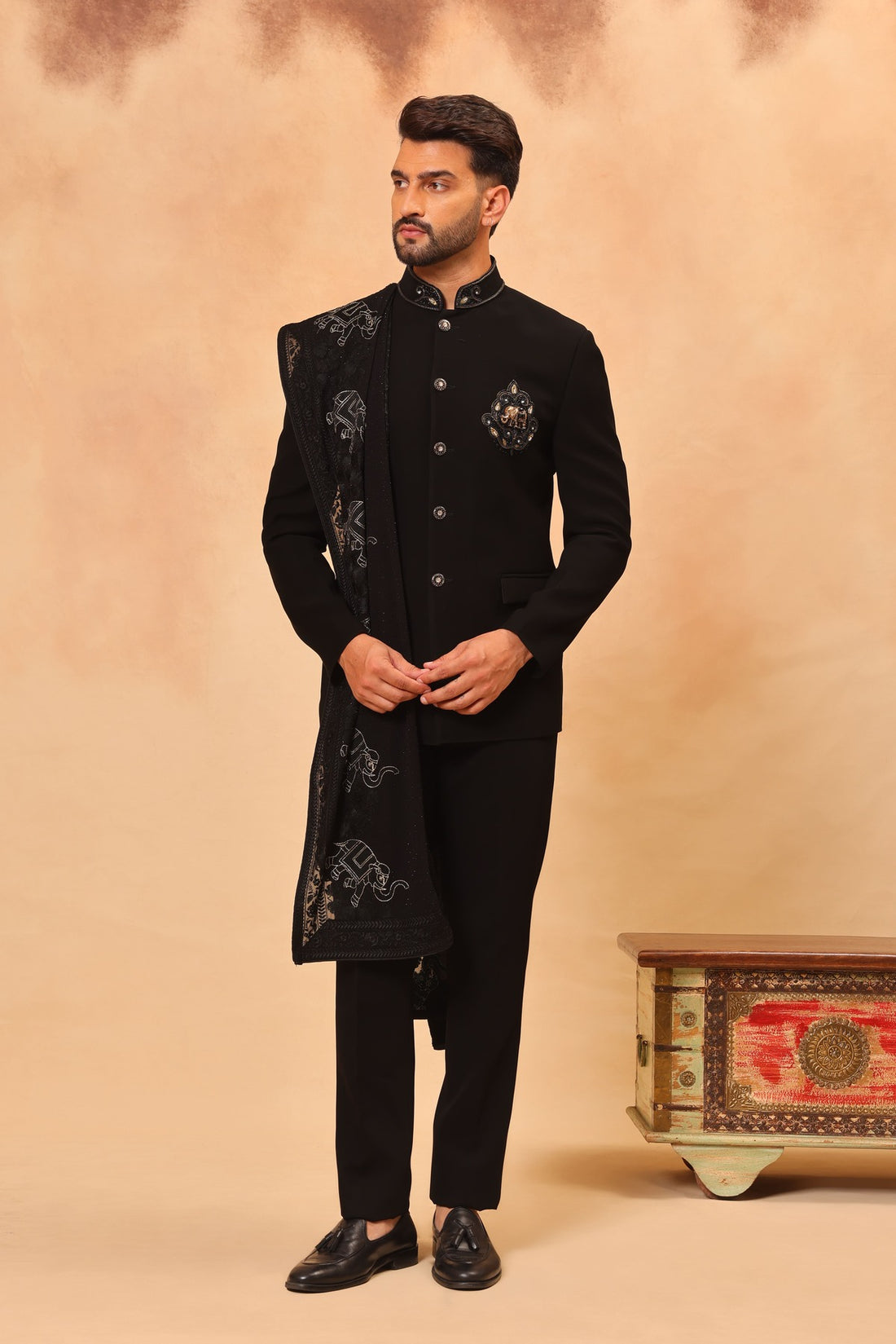 Black Embroidered Jodhpuri Set with Dupatta and Formal Pants
