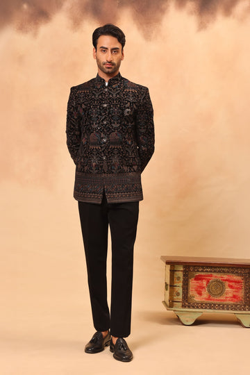 Black Velvet Embroidered Jodhpuri Set with Formal Pants