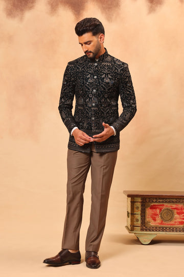 Rama Green Velvet Embroidered Jodhpuri Set with Formal Pants