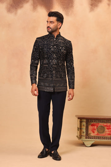 Navy Blue Velvet Embroidered Jodhpuri Set with Formal Pants