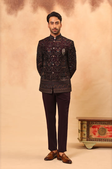 Wine Velvet Embroidered Jodhpuri Set with Formal Pants
