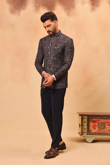 Navy Blue Velvet Embroidered Jodhpuri Set with Formal Pants