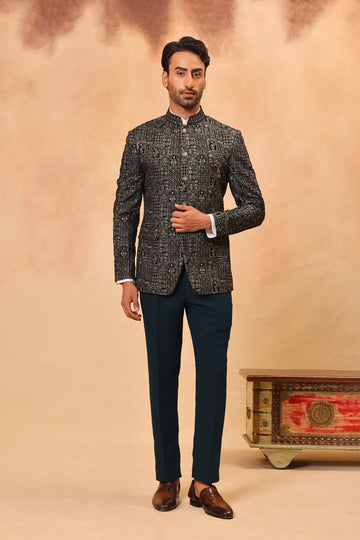 Rama Green Velvet Embroidered Jodhpuri Set with Formal Pants