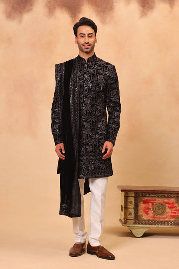 Grey Velvet Embroidered Sherwani Set with Dupatta