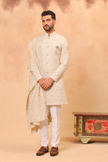 Cream Embroidered Sherwani Set with Dupatta