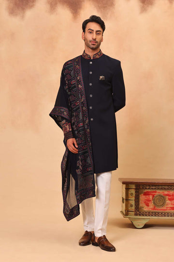 Navy Blue Sherwani Set with Dupatta