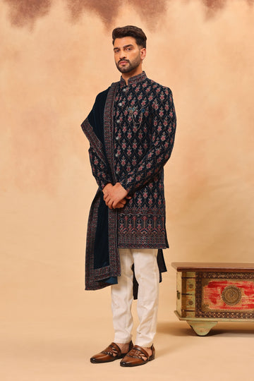 Rama Green Velvet Embroidered Sherwani Set with Dupatta
