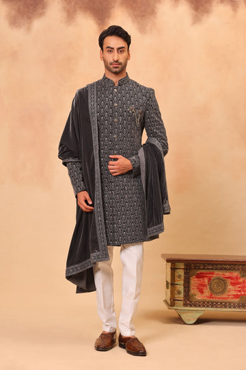 Grey Velvet Embroidered Sherwani Set with Dupatta
