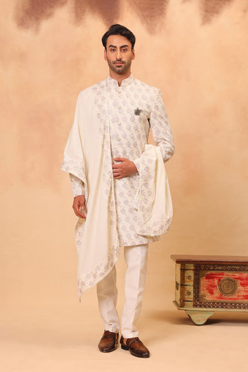 Cream Velvet Embroidered Sherwani Set with Dupatta