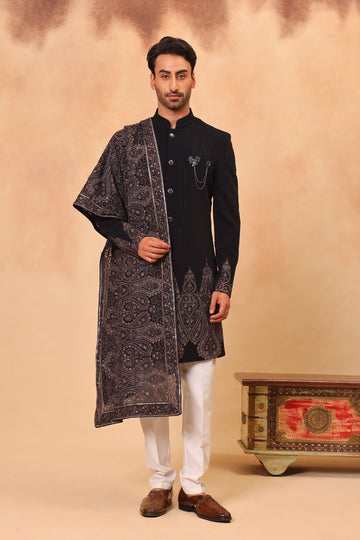 Navy Blue Sherwani Set with Dupatta