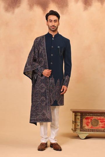 Rama Green Sherwani Set with Dupatta
