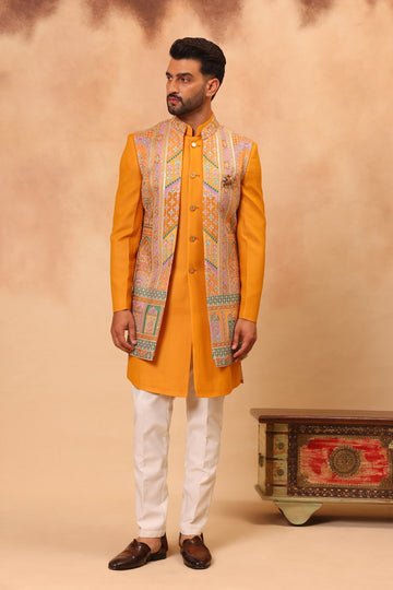 Haldi Printed and Embroidered Front Open Long Jacket Set