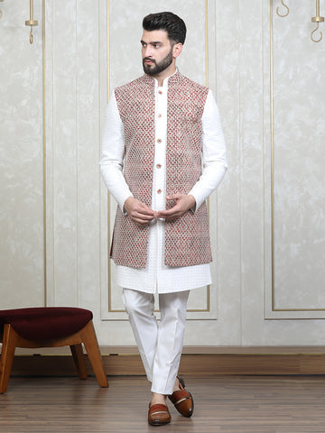 Rust Lakhnavi Embroidered Long Jacket Set