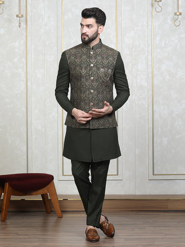 Green Embroidered Nehru Jacket Set