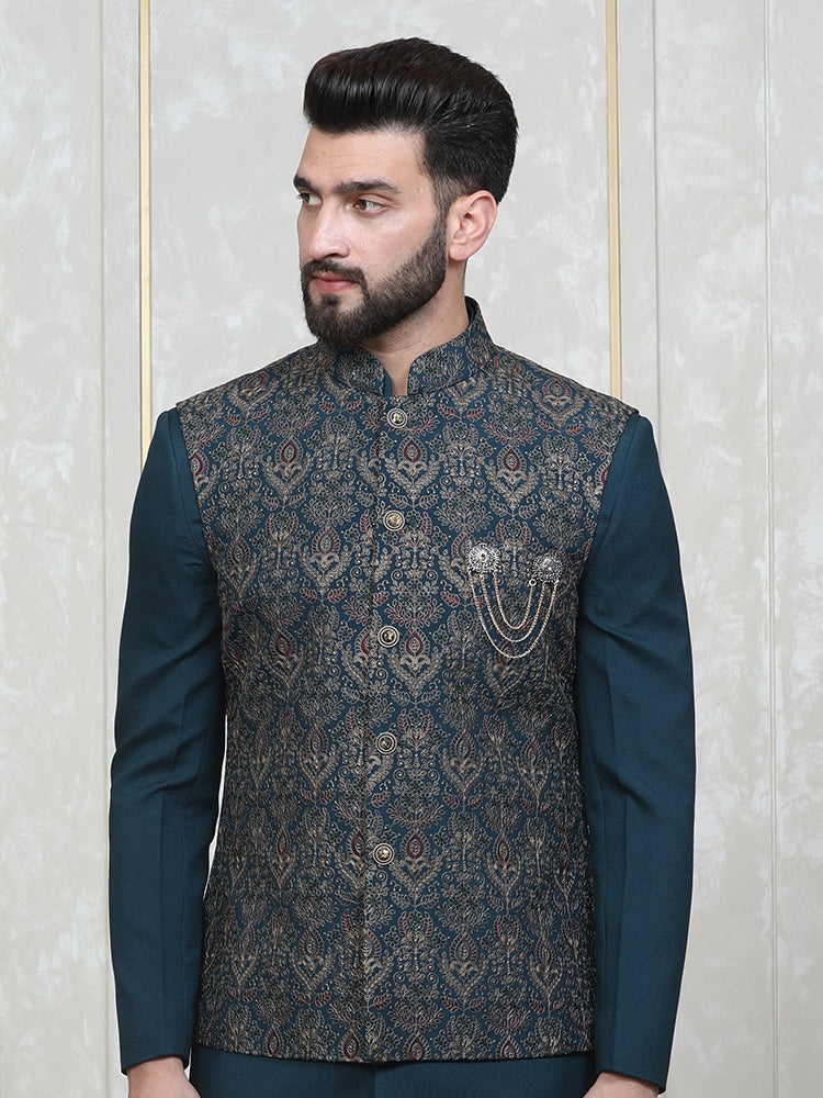 Teal Green Embroidered  Nehru Jacket Set