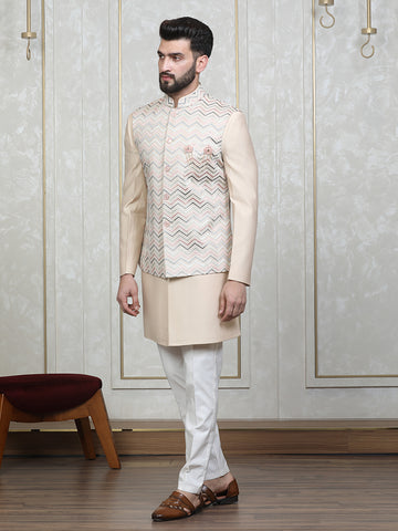 Fawn Embroidered Nehru Jacket Set