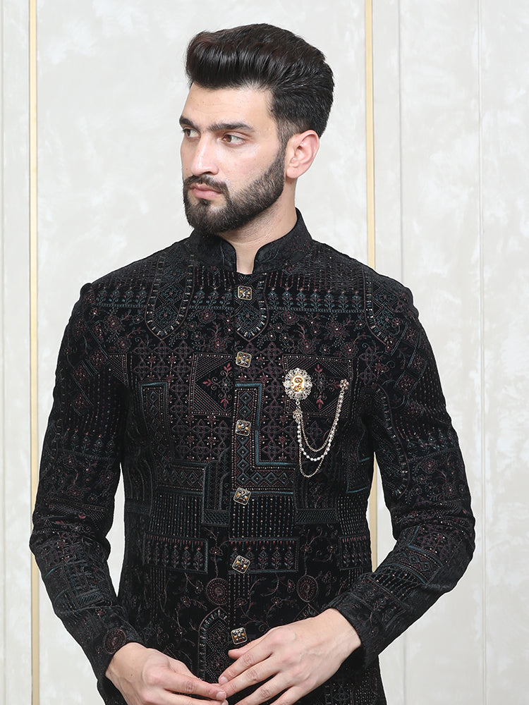 Wine Velvet Embroidered Sherwani Set
