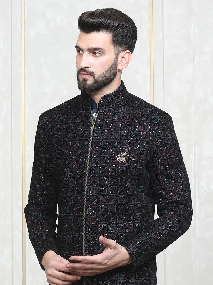 Navy Blue Velvet Embroidered Bomber Jacket with Kurta Set