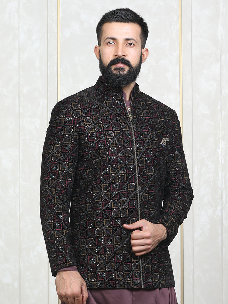 Wine Velvet Embroidered Bomber Jacket with Kurta Set