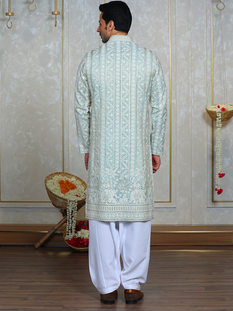 Pista Green Lakhnavi Kurta Set for Men