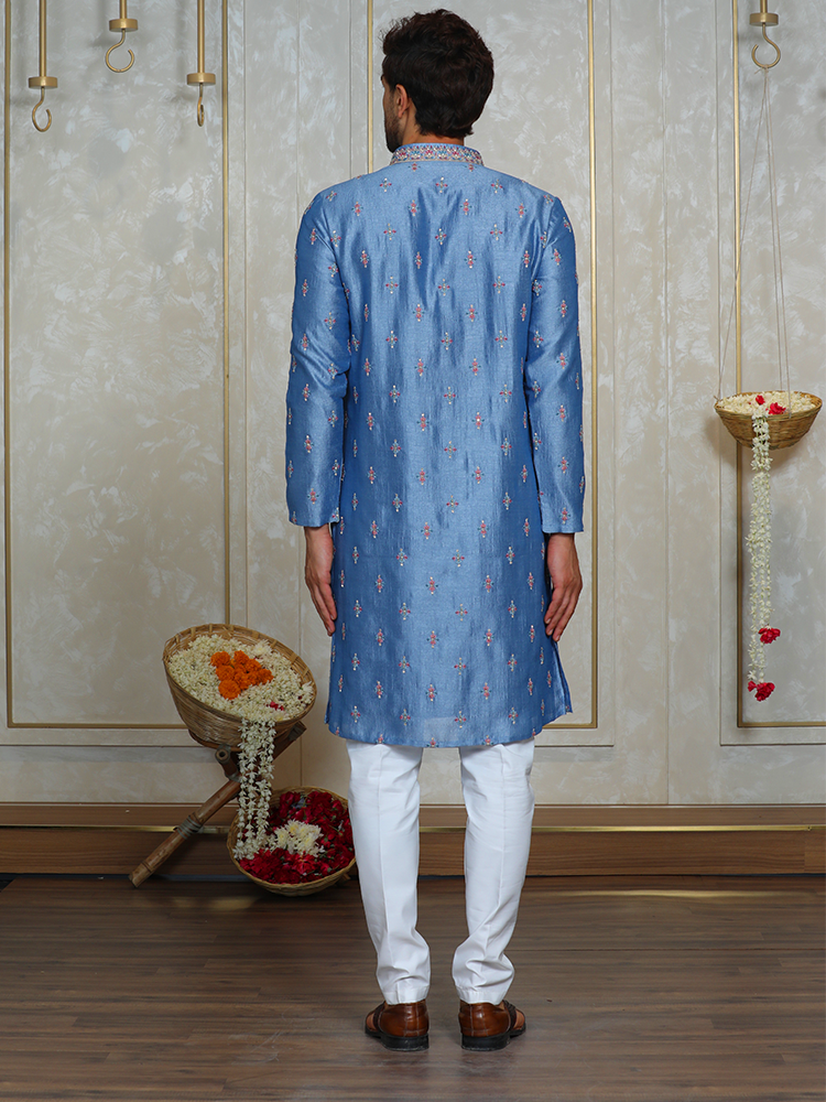 Sky Blue Silk Thread Embroidered Kurta Set with Dupatta for Men