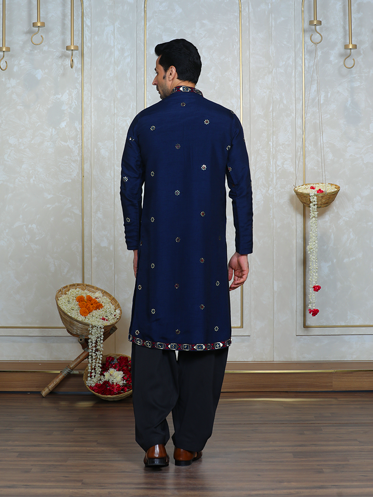 Navy Blue Embroidered Kurta Set for Men