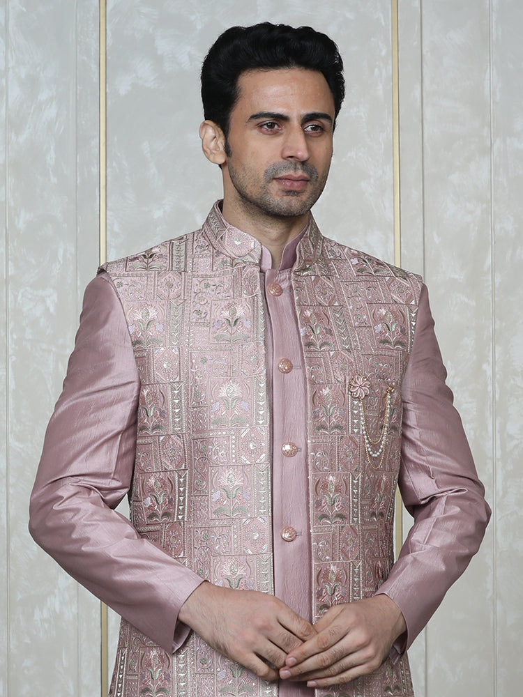 Onion Pink Silk Embroidered Long Jacket Set