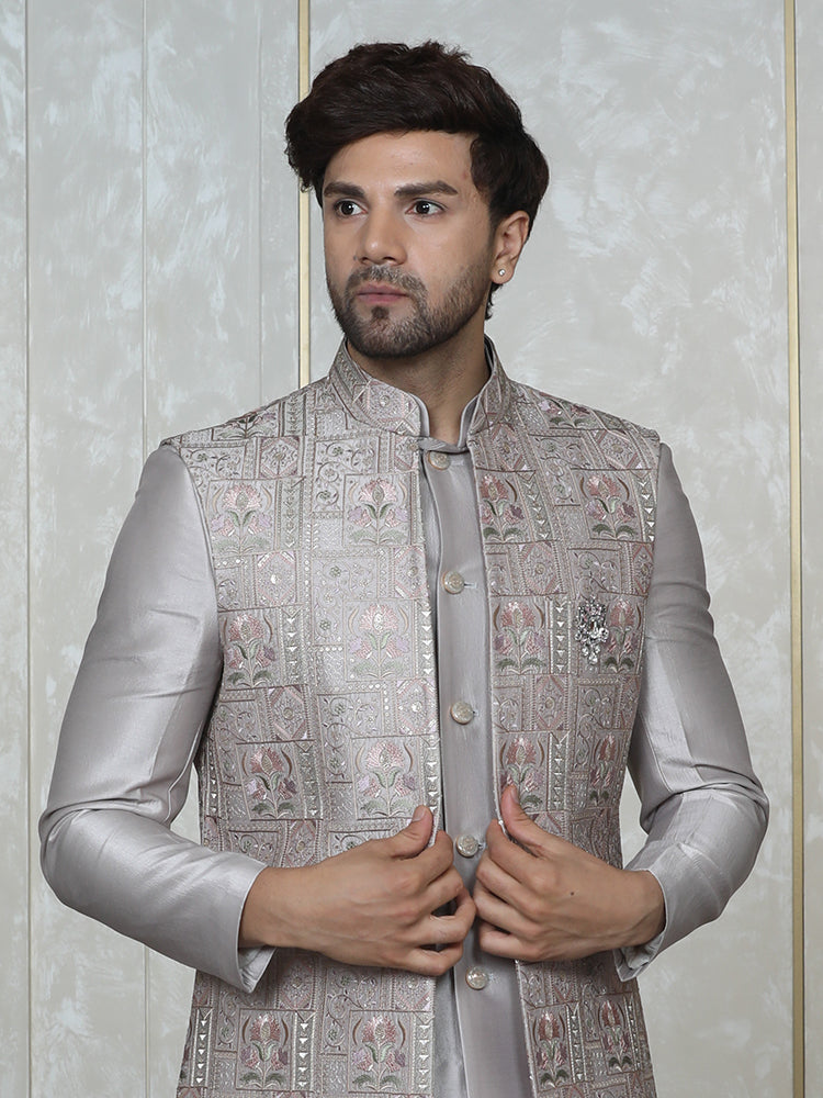 Natural Grey Silk Embroidered Long Jacket Set
