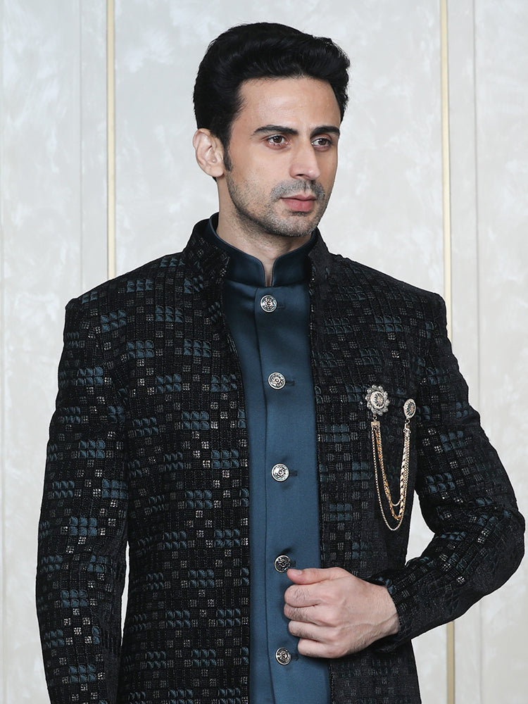 Rama Green Velvet Embroidered Front Open Jacket Set