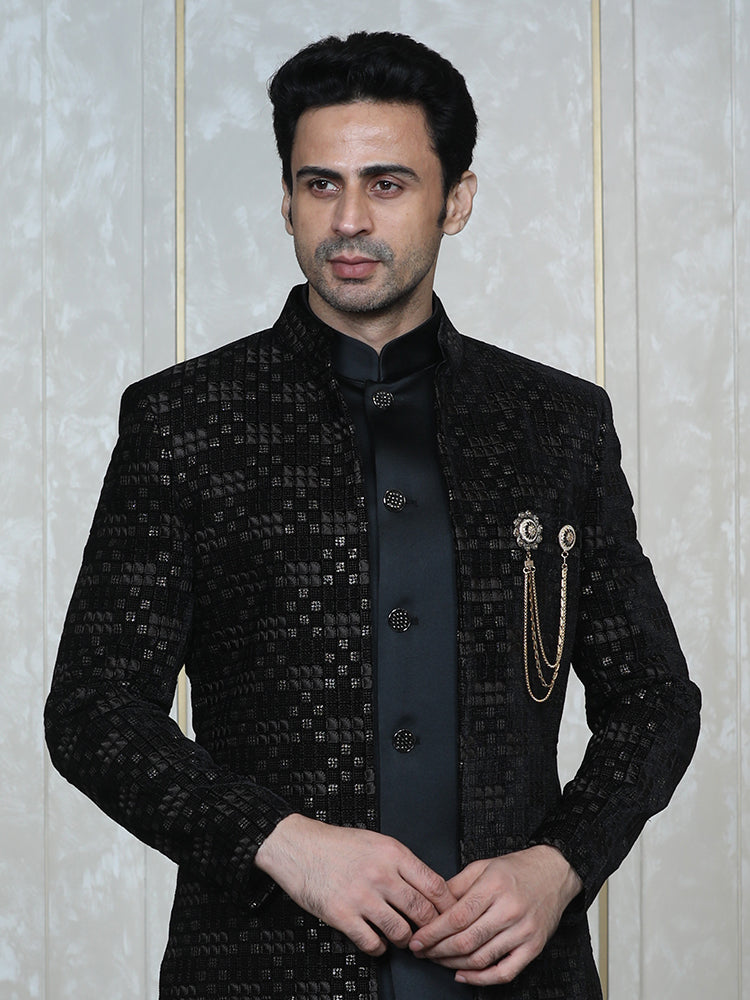 Black Velvet Embroidered Front Open Jacket Set