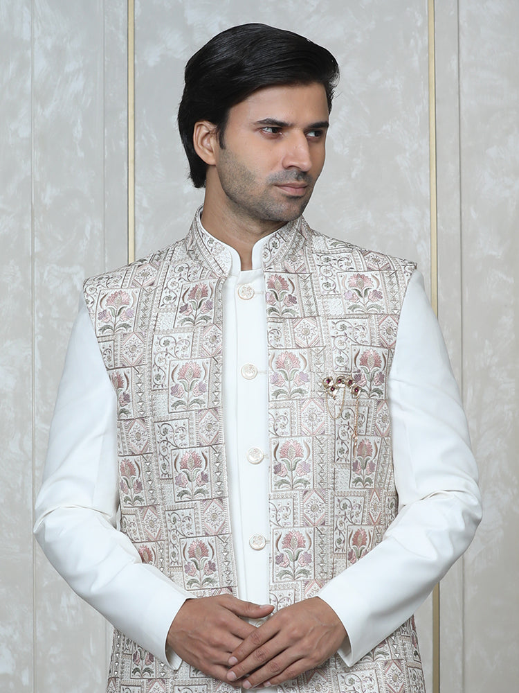 Cream Silk Embroidered Long Jacket Set