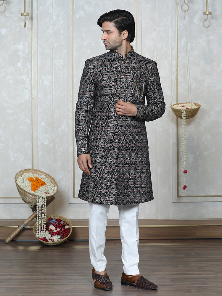 Black Velvet Embroidered Sherwani Set with Dupatta