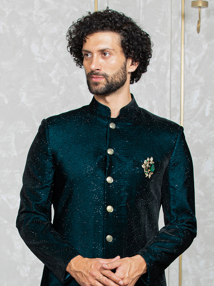 Rama Green Velvet Embroidered Sherwani